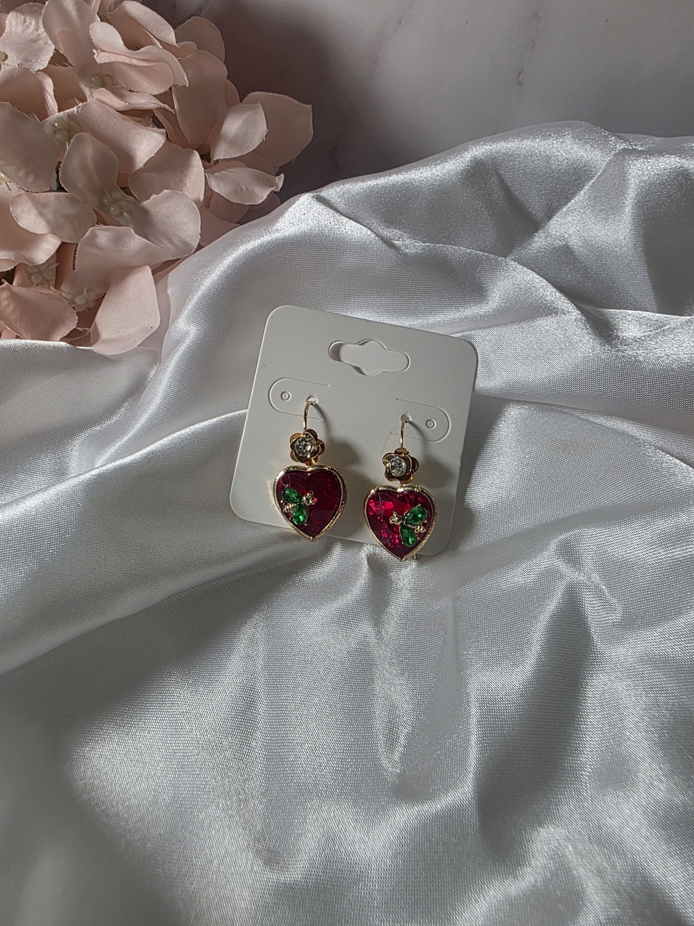 Betsey Johnson - Gold-Tone Red Heart Earrings with Green Accents